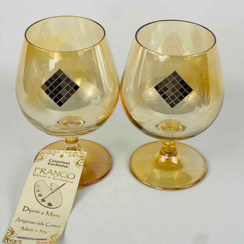 Franco Vetrerie e Cristallerie Italy Hand Made Brandy Glasses Geometric Gold 6”